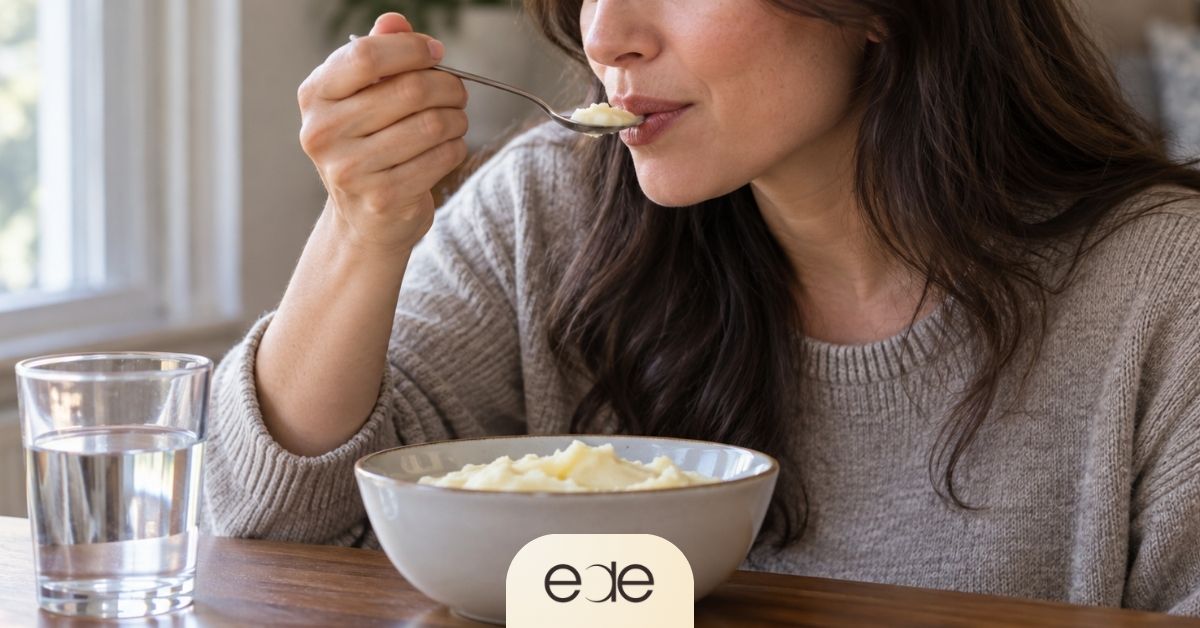 Woman eating soft mashed potatoes after dental implant surgery.