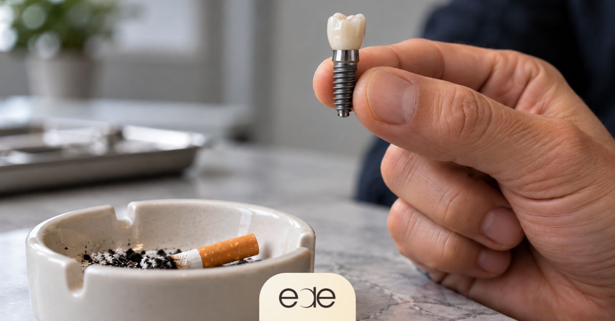 Hand holding a dental implant next to a cigarette in an ashtray.