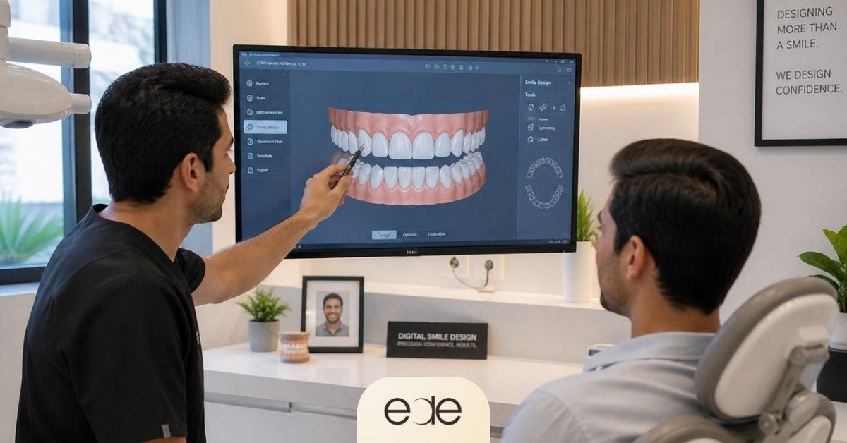 Dentist using digital imaging to plan a smile design as part of modern cosmetic dentistry workflows