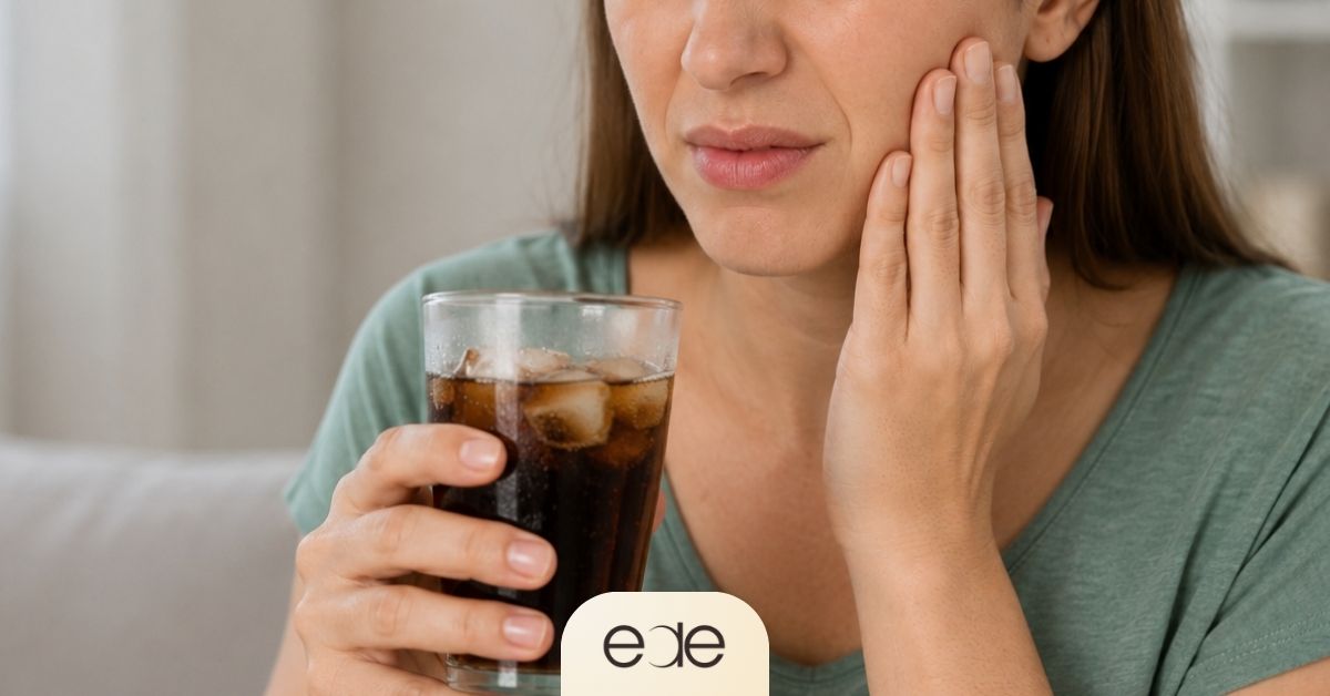 Woman experiencing tooth sensitivity while drinking a cold acidic beverage like soda