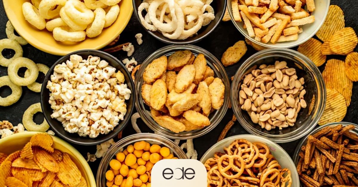 Assorted crunchy snacks, chips, popcorn, and nuts to avoid after dental surgery.