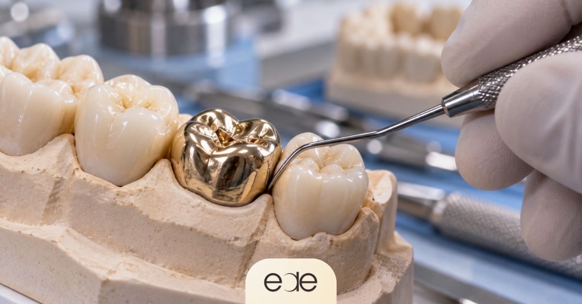 Gold dental crown on a model of the teeth.