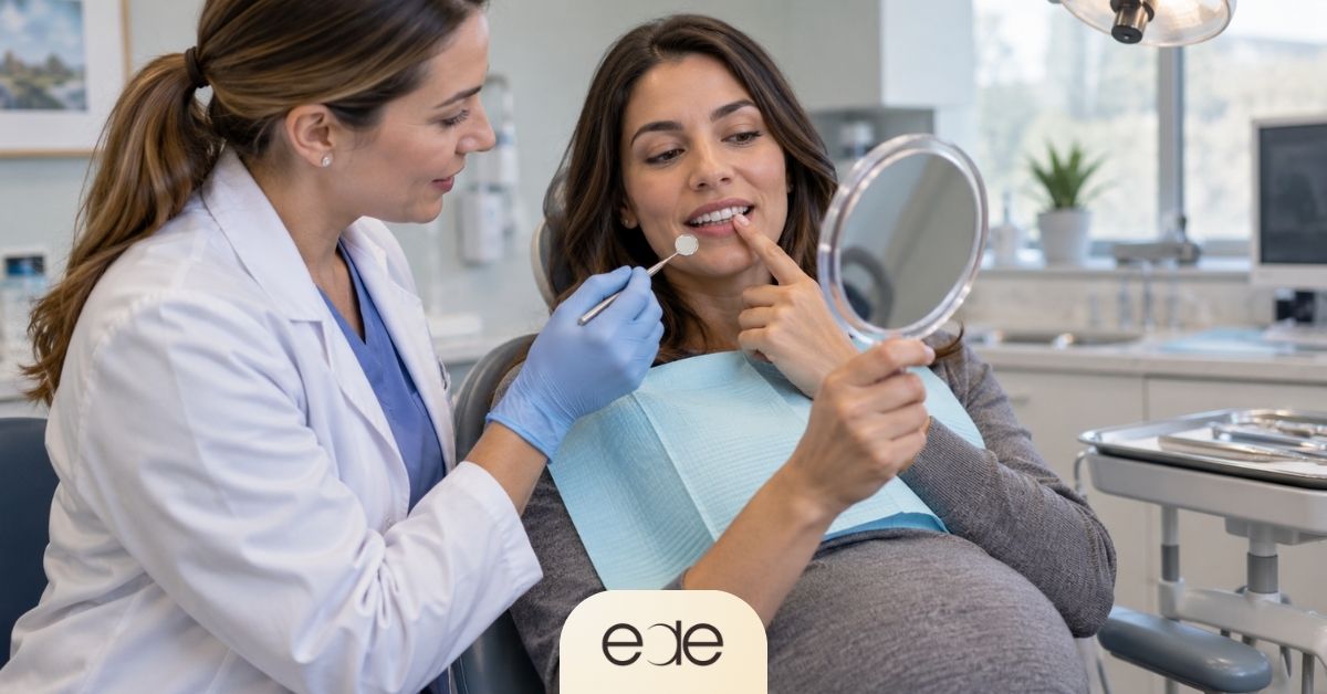 Dentist discussing gum health with a patient during pregnancy. 