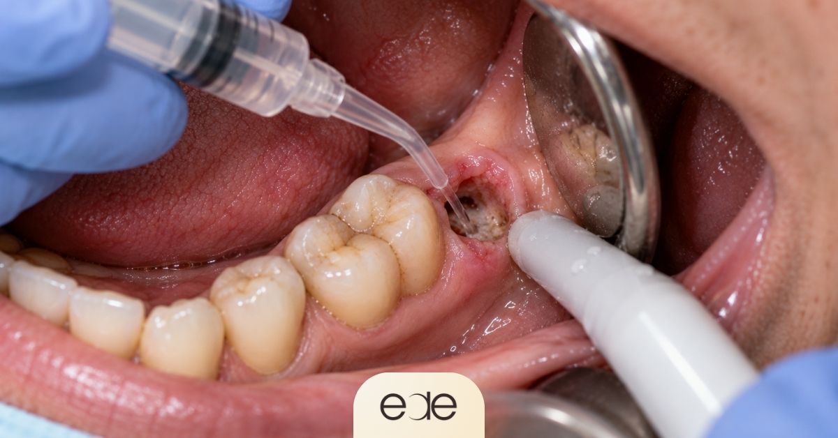 Dentist gently irrigating a dry socket to clean the tooth extraction site.