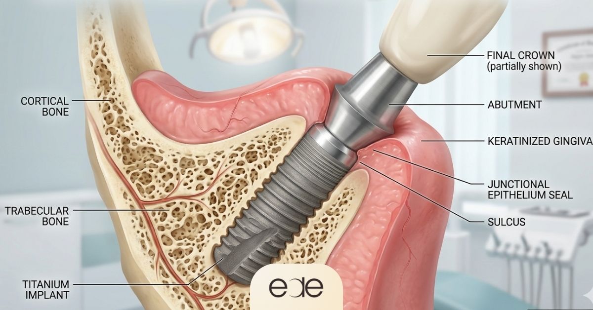 Educational infographic showing gum tissue and bone healing around a dental implant