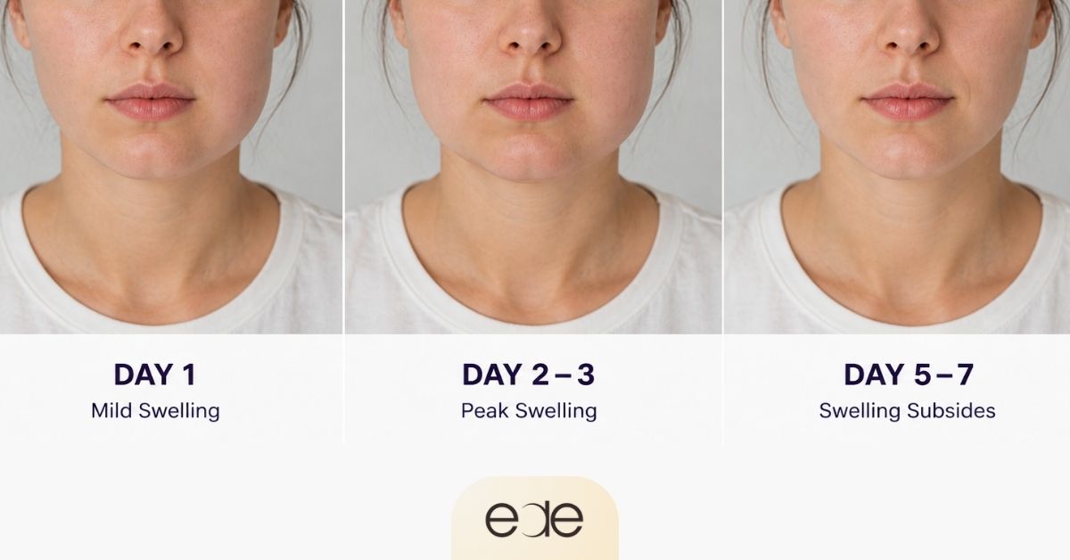 Dental bone graft swelling timeline showing day 1, peak at days 2–3, and reduction by days 5–7