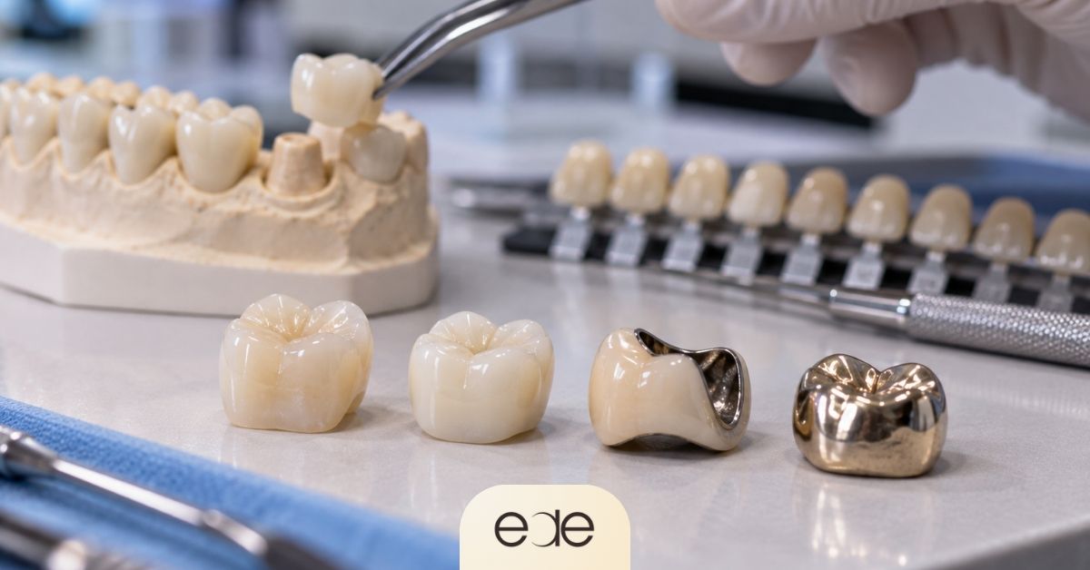 Different types of dental crowns used to restore damaged teeth.