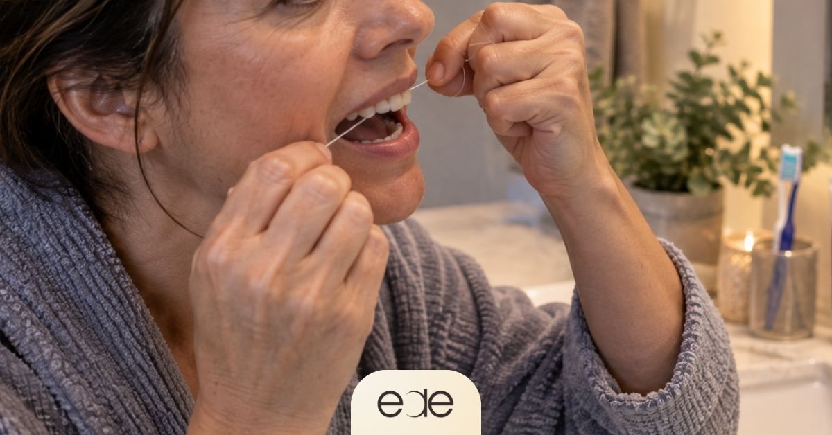 Woman flossing around a dental crown to help it last longer.