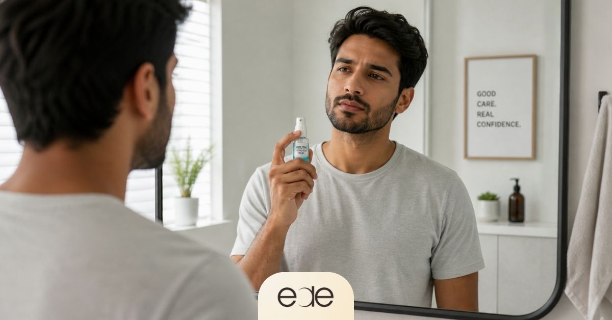 Person considering using a mouth freshener spray in front of a mirror before application