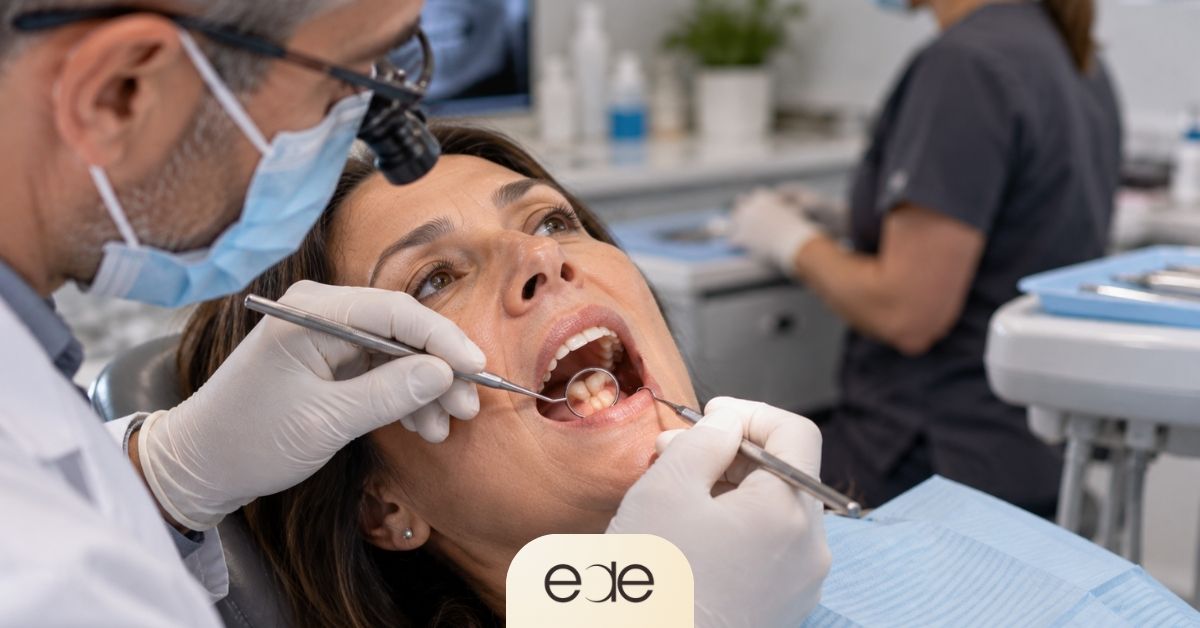 Dentist examining a dental crown for signs of damage or wear.