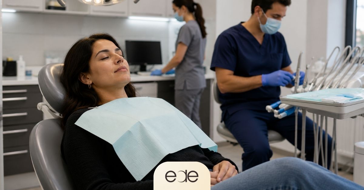 Patient relaxing during a brief pause in dental treatment.