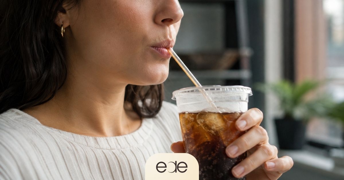 Person sipping a sugary soft drink through a straw, illustrating how acidic and sweet beverages can lower oral pH and create conditions that increase the risk of enamel demineralization and tooth decay