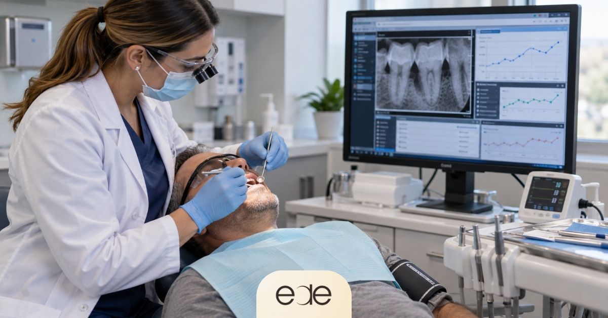 Dentist evaluating a patient’s gum health while reviewing dental X-rays and periodontal findings. 