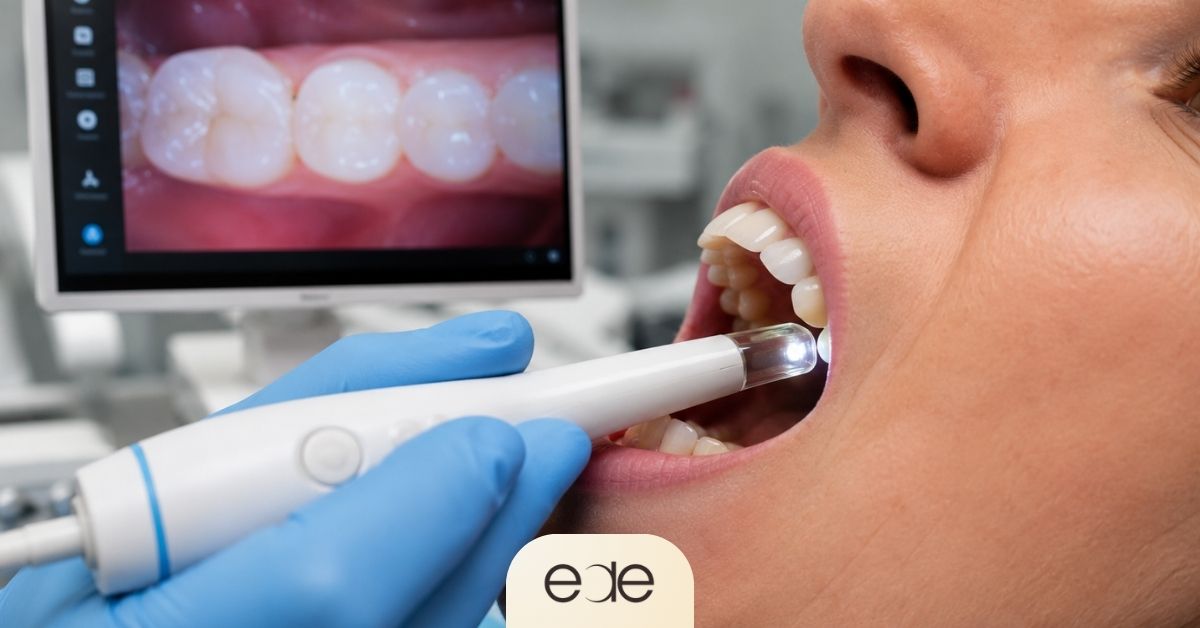 Patient undergoing an intraoral dental examination with advanced imaging technology, illustrating how very early cavity formation can be detected before noticeable symptoms develop