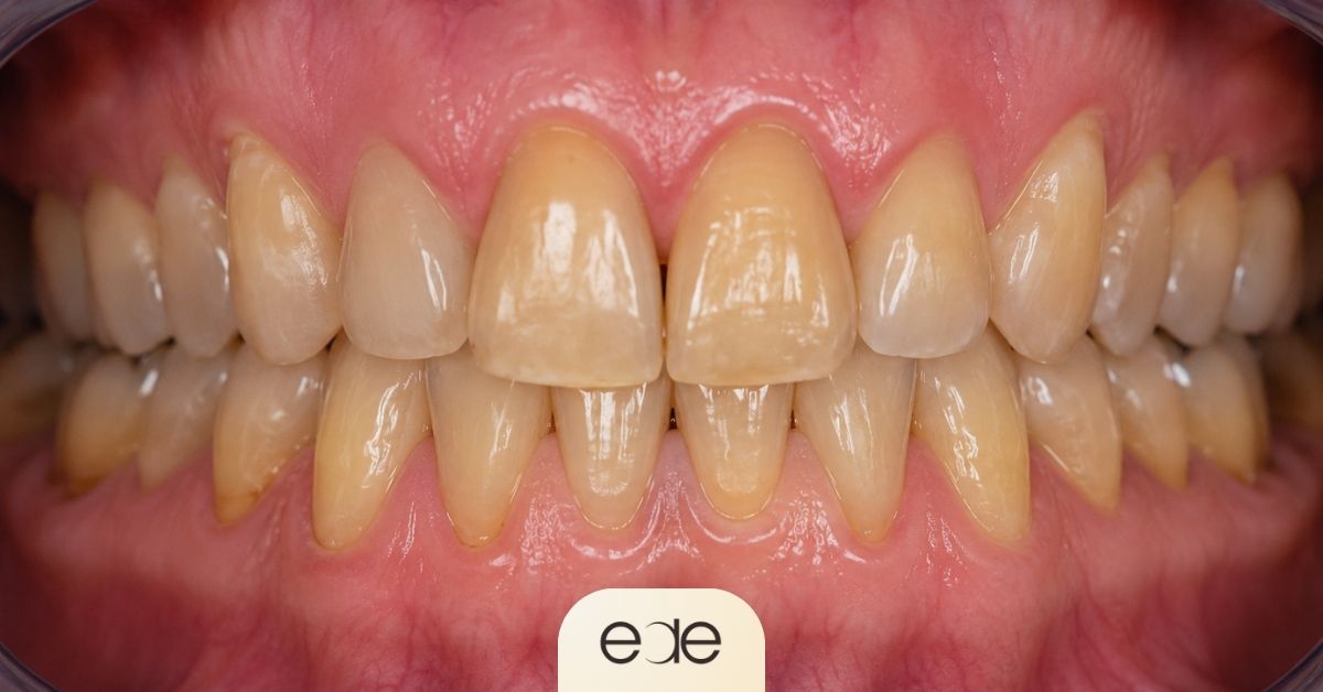 Close-up intraoral photograph showing natural age-related yellowing of teeth caused by enamel thinning, dentin visibility, and long-term structural changes within the teeth