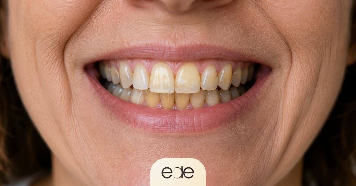 Close-up of a smile showing varying degrees of tooth discoloration, illustrating the difference between external surface stains and deeper intrinsic tooth staining