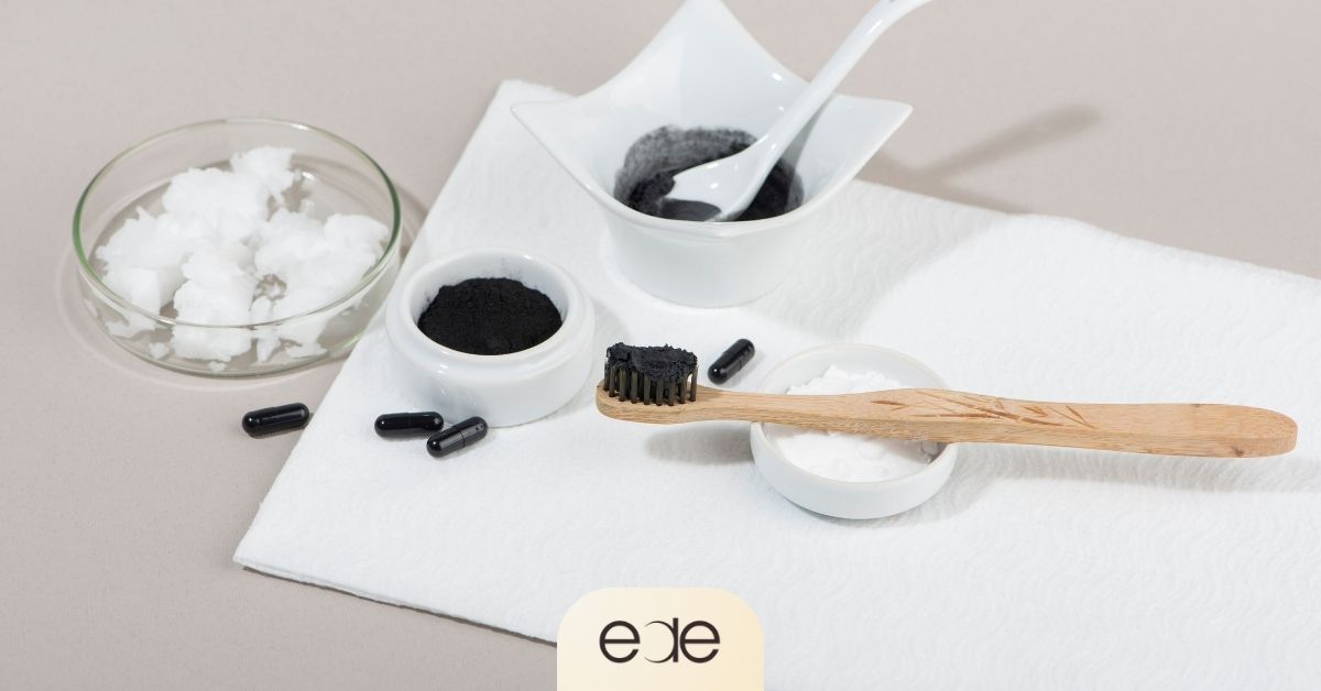 DIY teeth whitening ingredients including activated charcoal and homemade mixtures, illustrating popular whitening trends that may pose risks to enamel and oral health