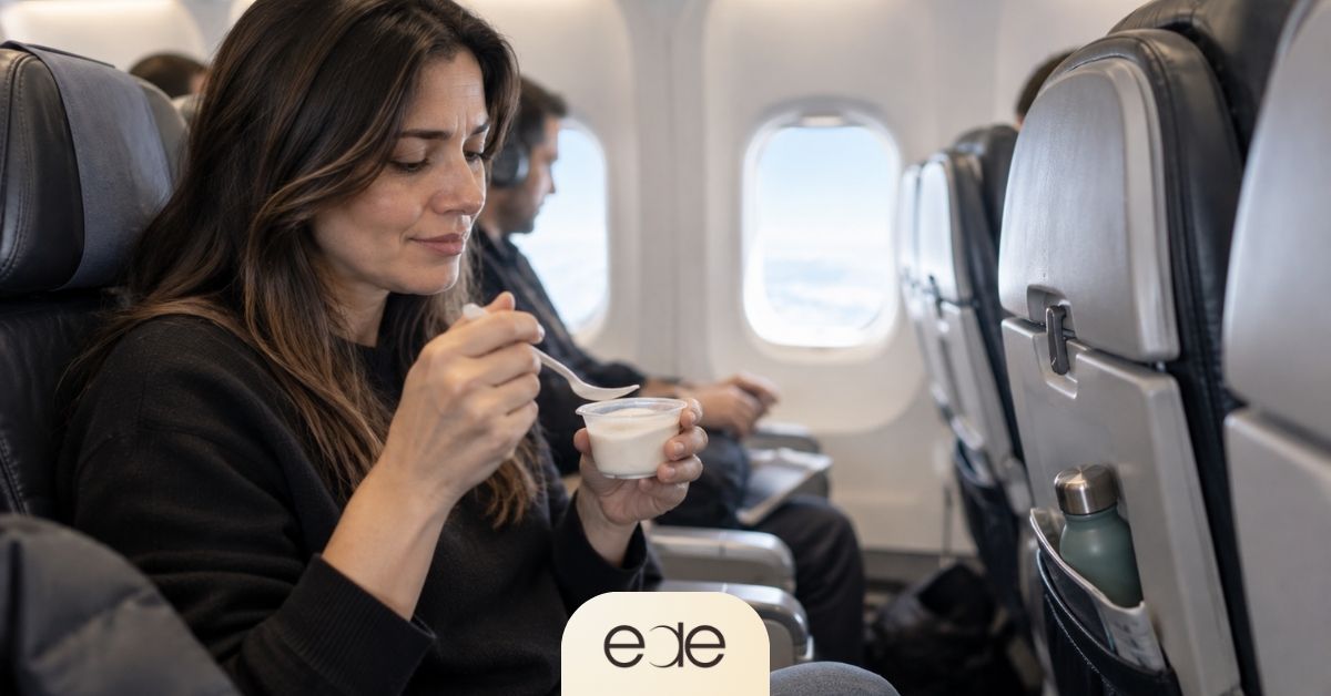 Passenger eating soft food while flying after a tooth extraction.