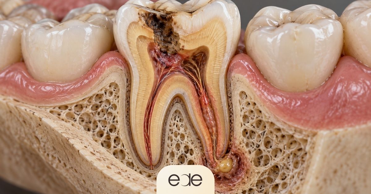 Cross-sectional illustration of a decayed tooth with an infected pulp and root abscess.