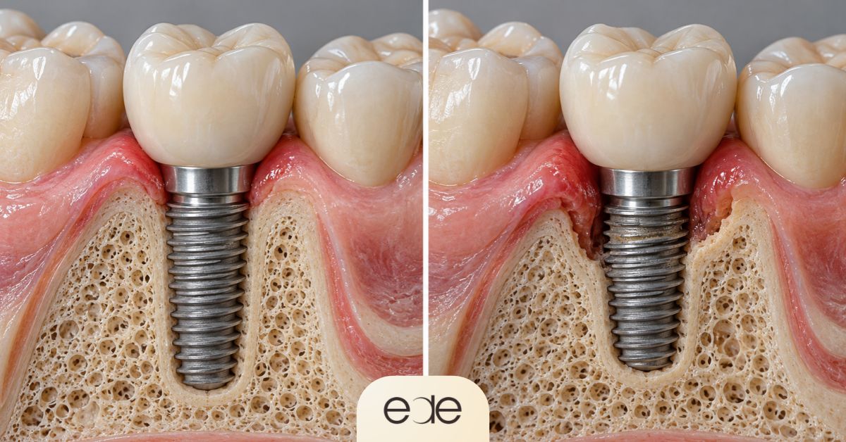 Side-by-side illustration of peri-implant mucositis and peri-implantitis showing gum inflammation and bone loss around dental implants.