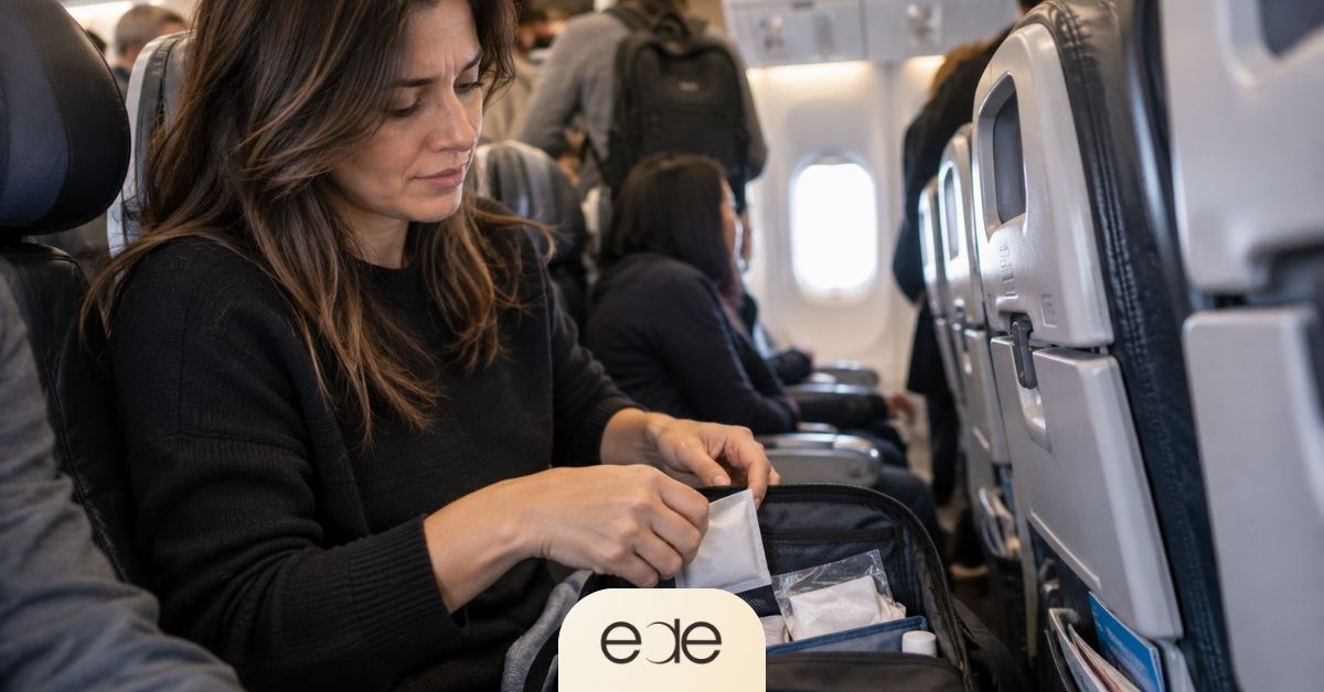 Passenger managing discomfort while flying after a tooth extraction.