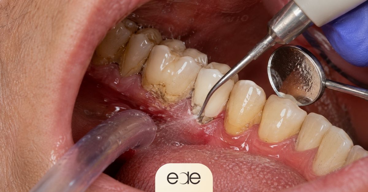 Dental scaling to remove tartar buildup from teeth.