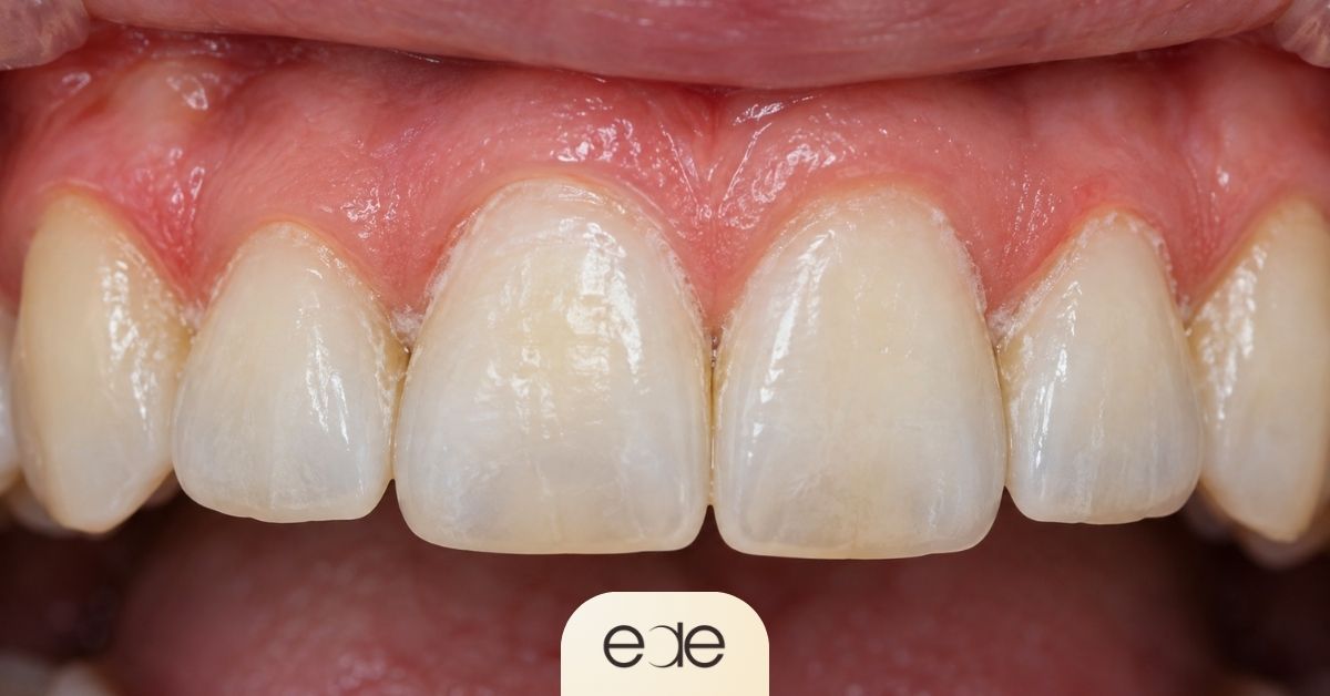 Close-up of dental plaque along the gumline of upper front teeth.