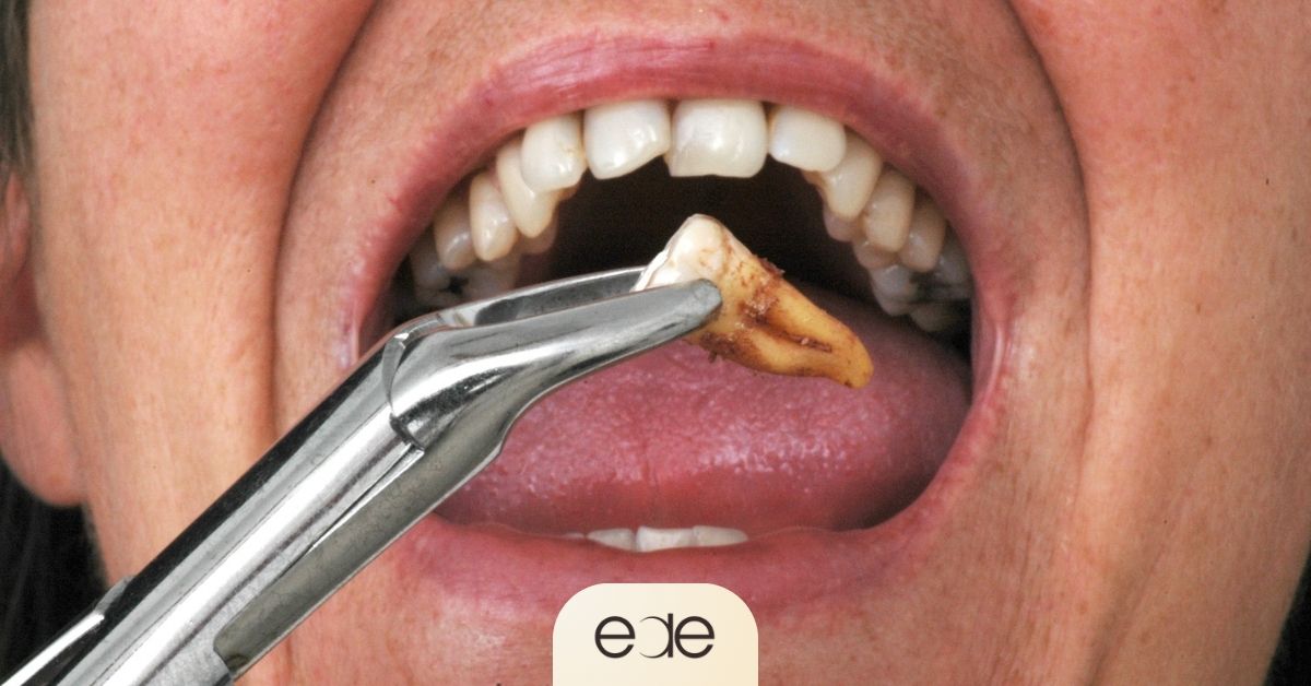 Close-up of a dentist using metal forceps to perform a tooth extraction on a patient.