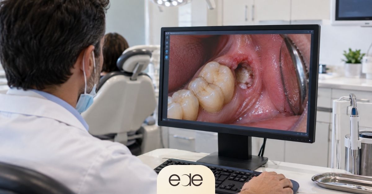 Dentist reviewing the appearance of a dry socket after tooth extraction.