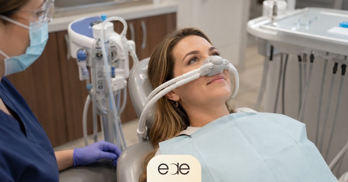 Patient receiving nitrous oxide sedation to help manage dental anxiety.