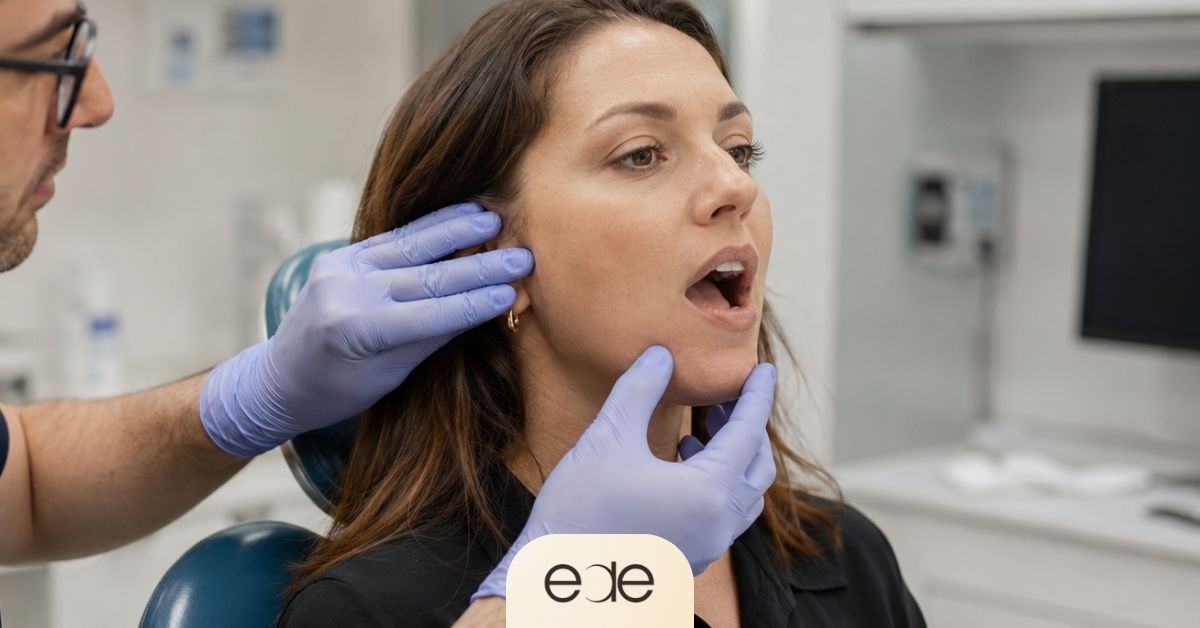 Dentist evaluating a patient’s jaw movement and TMJ during a dental examination.