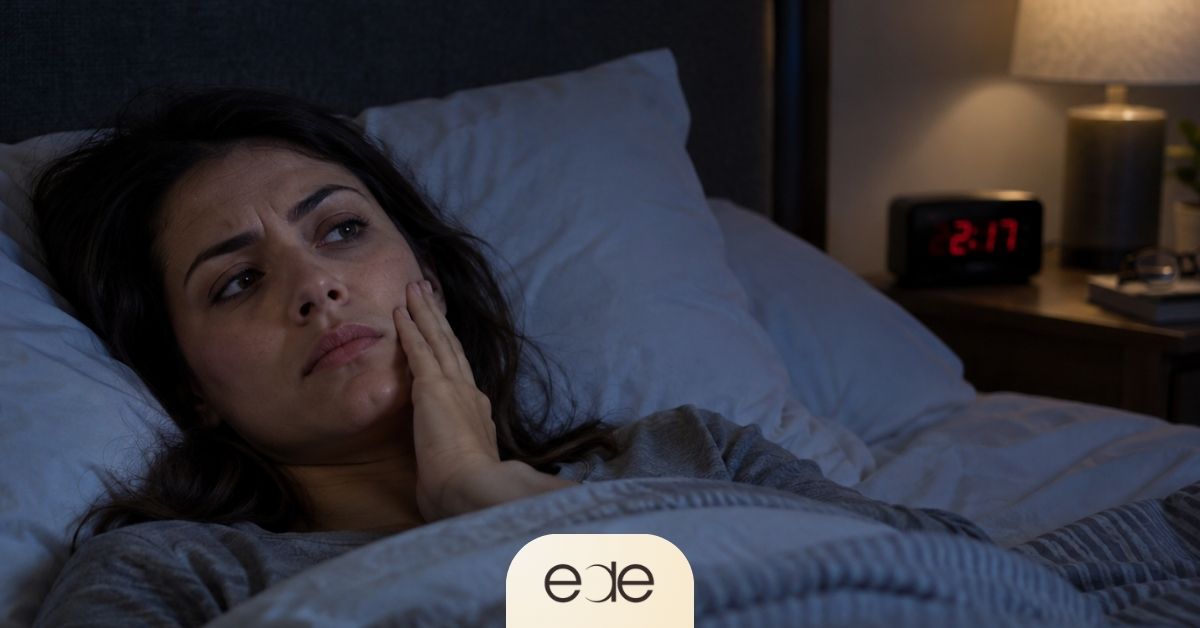 Woman experiencing tooth pain while lying awake at night.