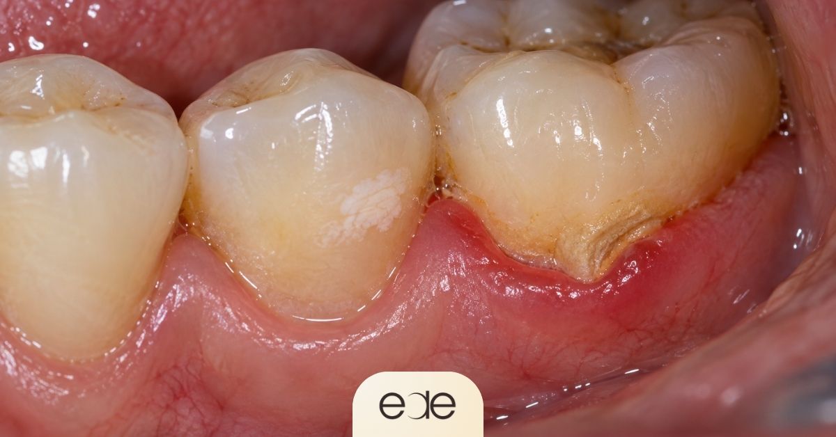 Close-up of tartar buildup and inflamed gums around back teeth.