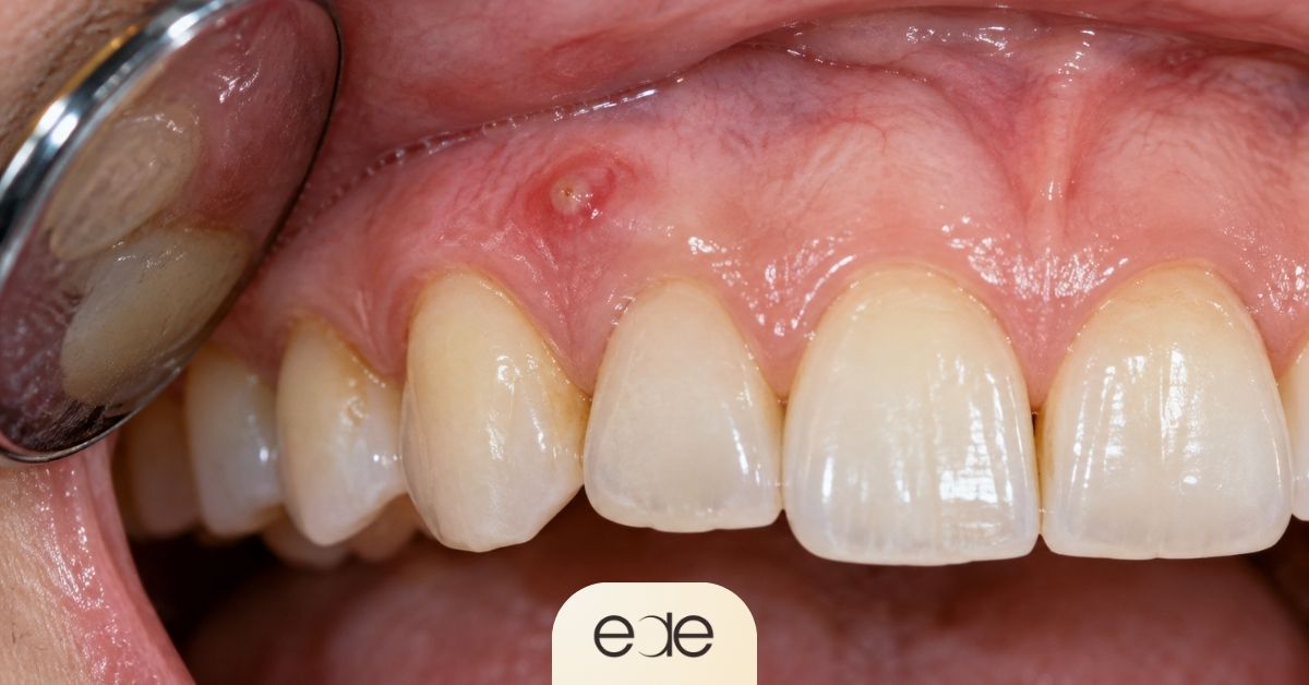Close-up of a dental abscess appearing as a small pus-filled bump on the upper gum.