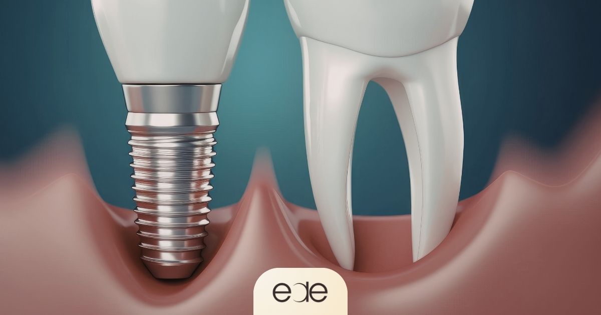 3D dental illustration showing a natural tooth and implant crown side by side, highlighting tissue interaction around both structures.
