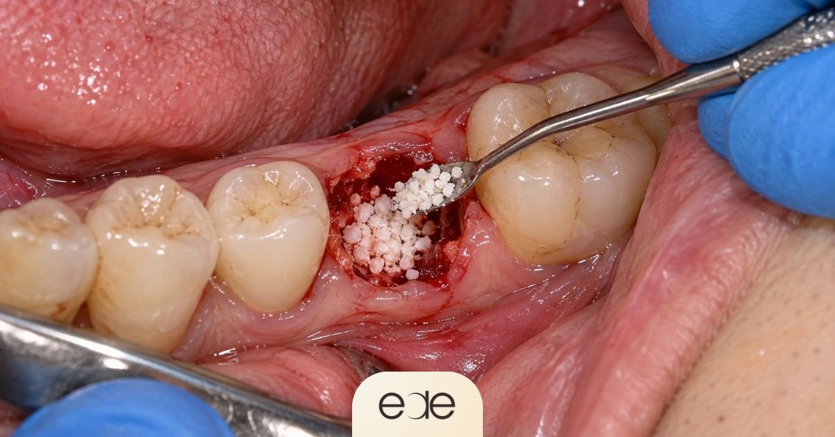 Dentist placing bone graft material into a tooth extraction socket. 