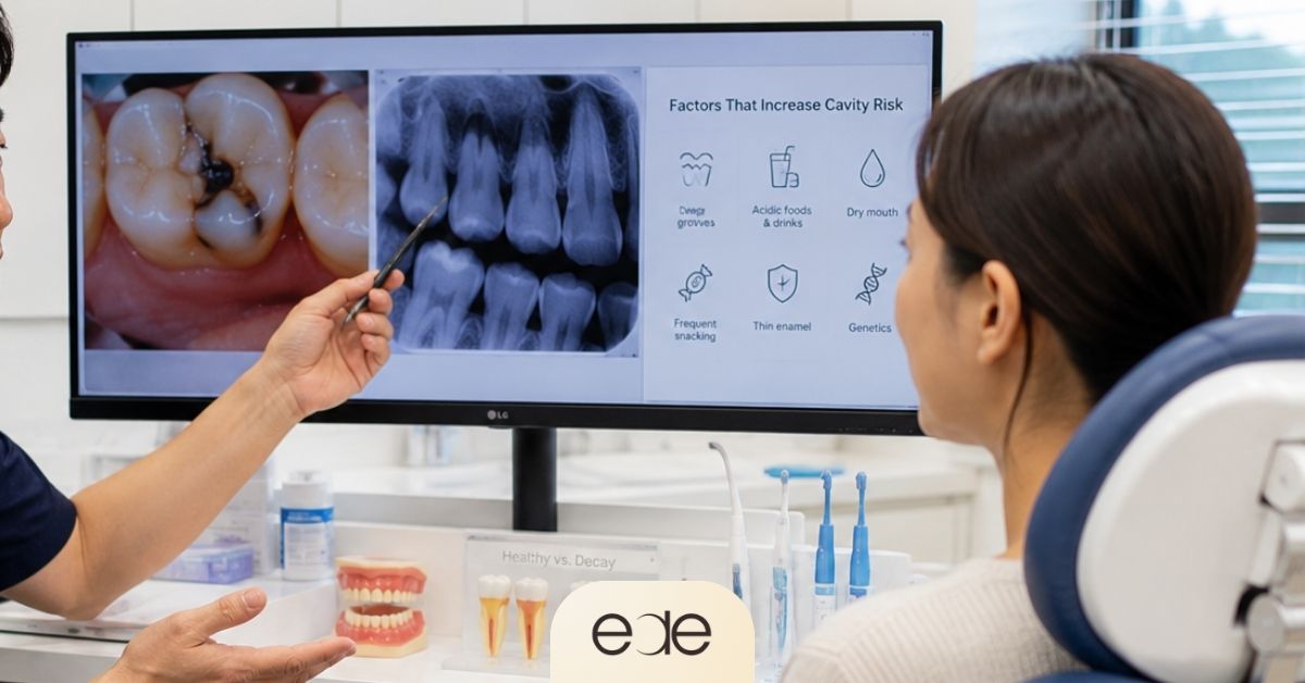 Dentist reviewing cavity risk factors and oral health findings with a patient during a preventive dental consultation